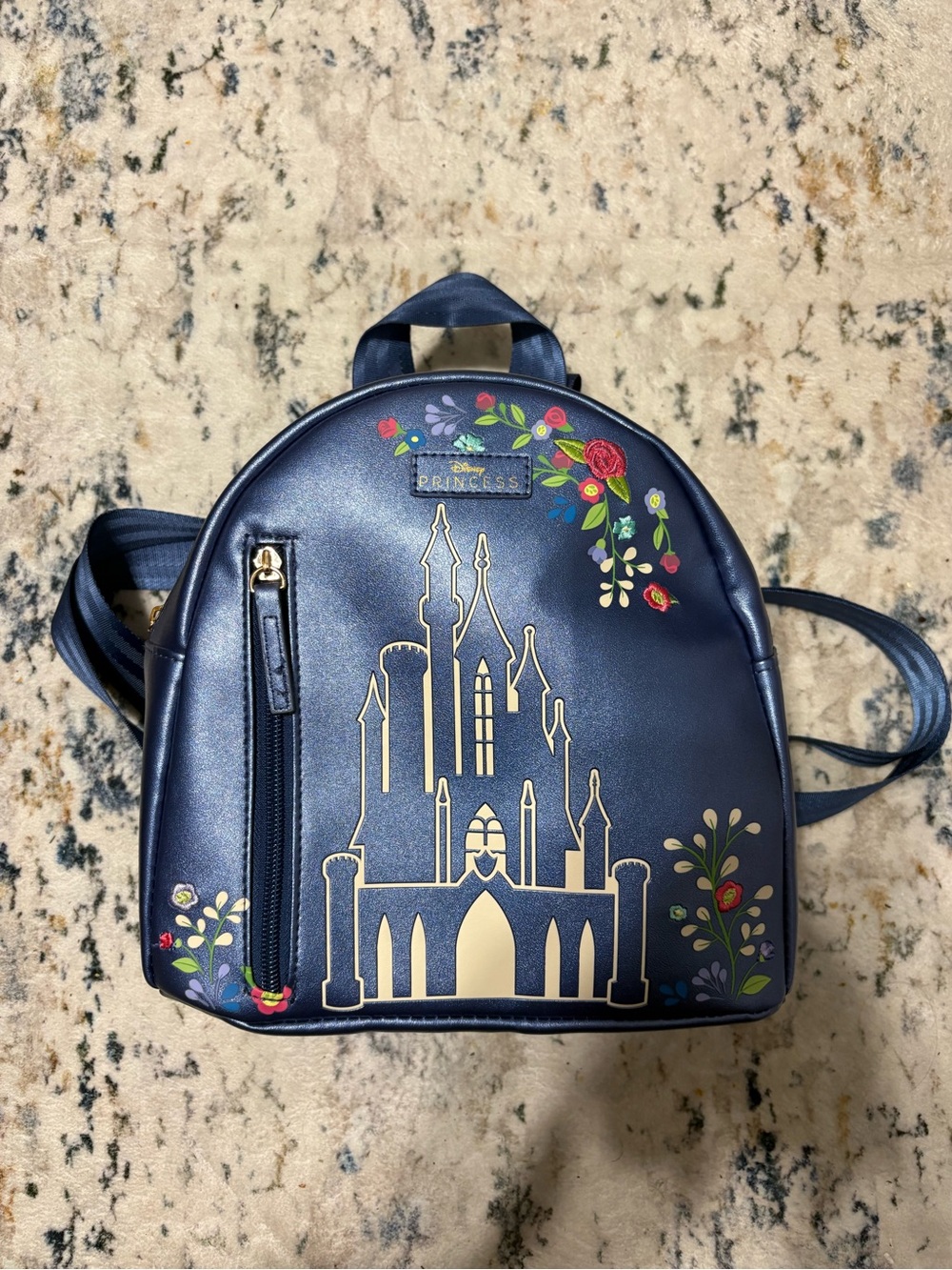 NWOT Disney Navy Mini Backpack with Gold Castle and Floral Accents